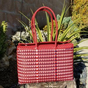 Basket style Red, White and Blue Plastic Woven Tote